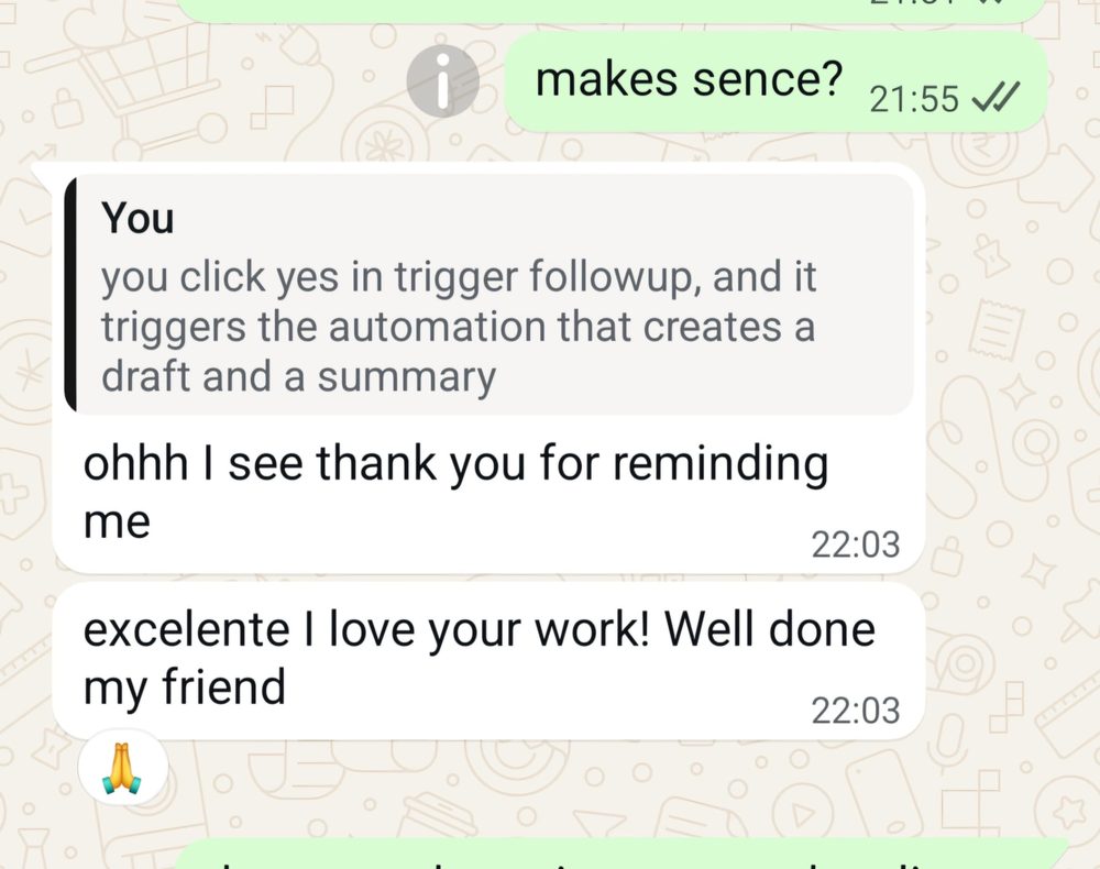 WhatsApp message from a client after Enej explains the follow-up automation: Ohhh I see, thank you for reminding me. Excelente, I love your work! Well done my friend.